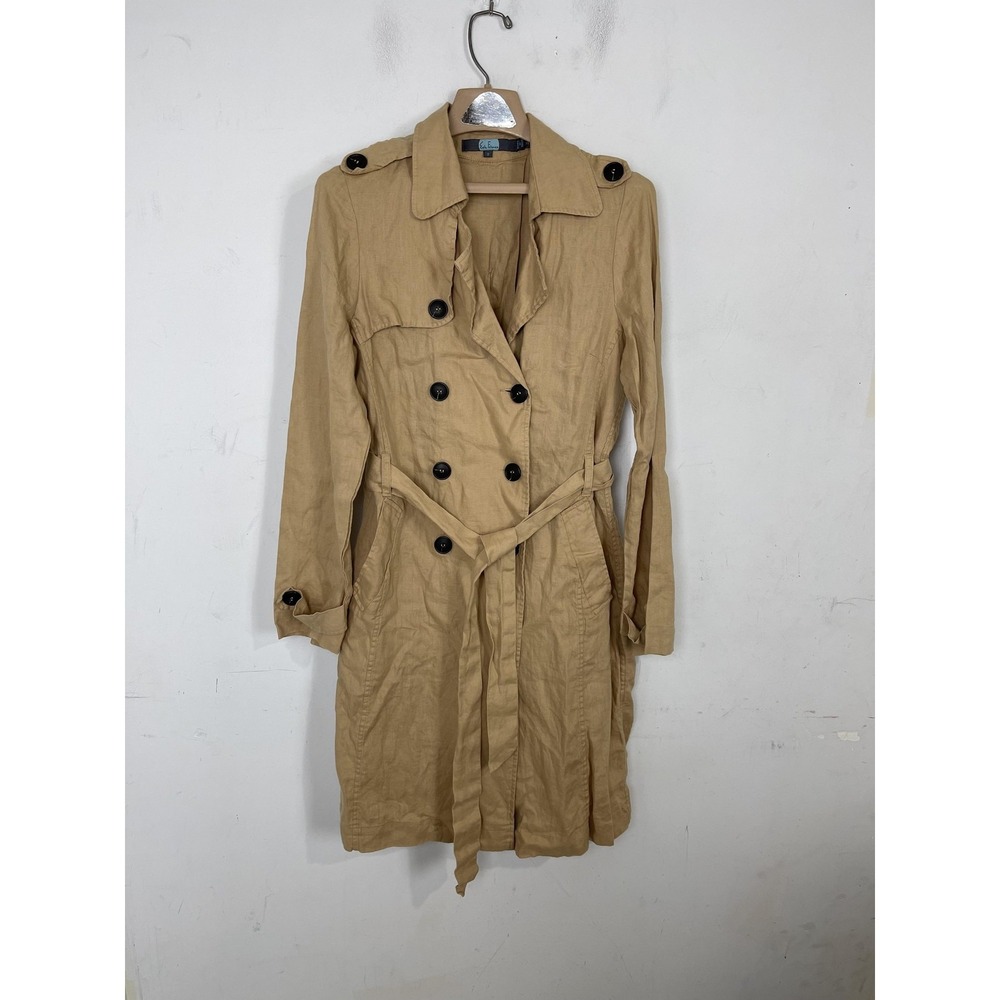 Eva Franco Tan 100% Linen Double Breasted Trench Coat Khaki Belted LN6178A Small